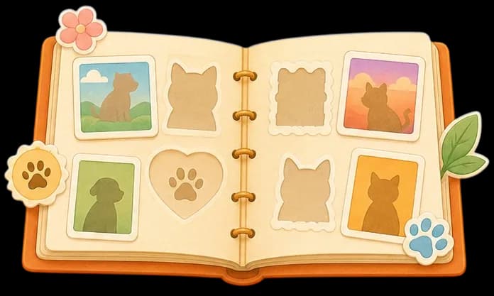 The Petadex: an open sticker album with photo slots for cats and dogs, some filled and some waiting